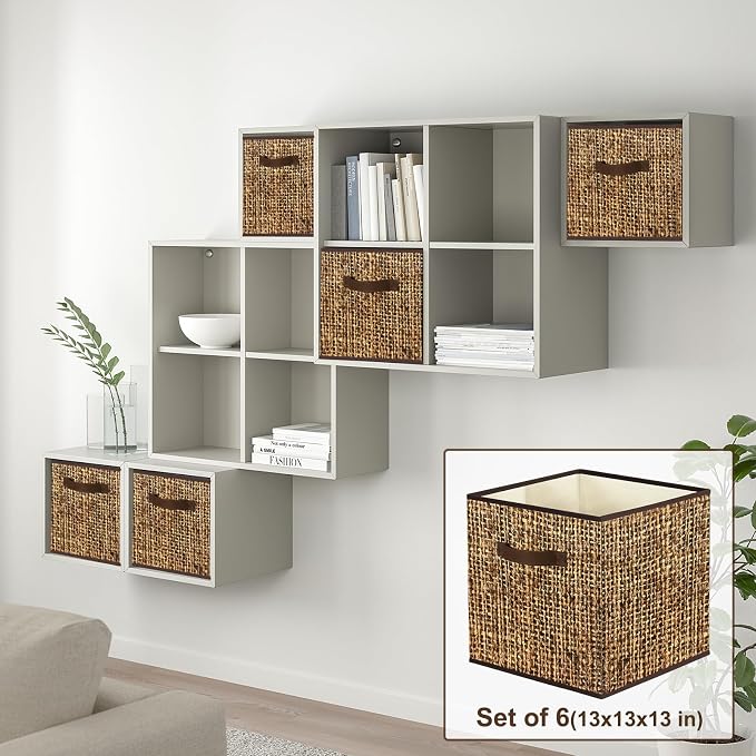 homyfort 11x11 Cube Storage Bins - Fabric Cubby Bins with Dual Handles, Collapsible Storage Organizer for Shelf, Closet, Nursery, Set of 6 (PRINTING instead of Real Rattan Weaving)