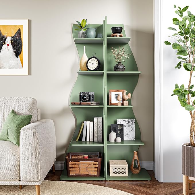 LITTLE TREE Small Corner Shelf, Modern 5-Tier Wall Wavy Corner Bookshelf | Stylish Bookcase Storage Rack for Small Space, Living Room, Bedroom, Green