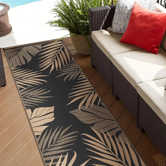 GENIMO Outdoor Rug, Waterproof Plastic Runner Rugs, 2.5'x8' Black Brown | Outside Leaf Carpet Mat for Patio Decor, Porch, Deck, Balcony, Camping, RV, Picnic, Beach, Reversible, Foldable, Lightweight