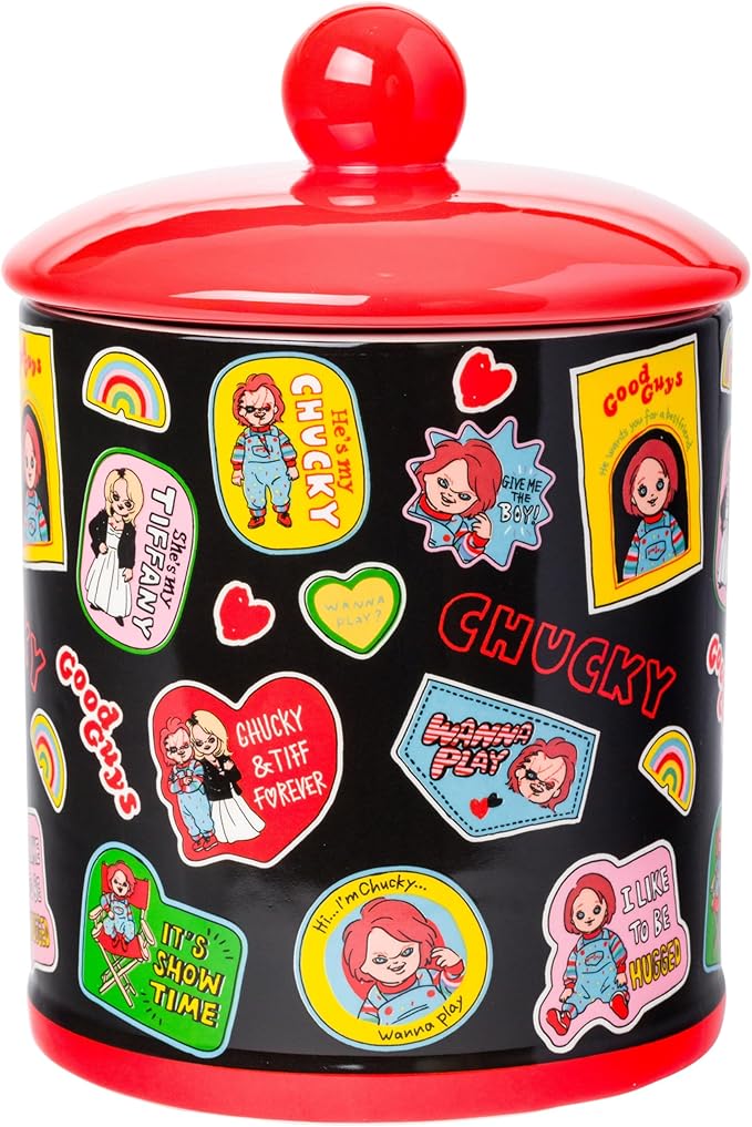 Silver Buffalo Chucky and Tiffany Sticker Badges, Ceramic Cookie Jar | Pattern, Snack, Large Size
