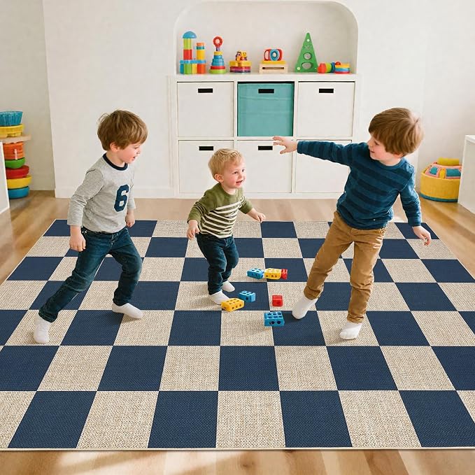 GarveeHome Easy Jute 8x10 Area Rugs for Living Room Checkered Rugs Machine Washable Non-Slip Backing Indoor Outdoor Carpets for Farmhouse Dining Room Nursery Patio Navy Blue
