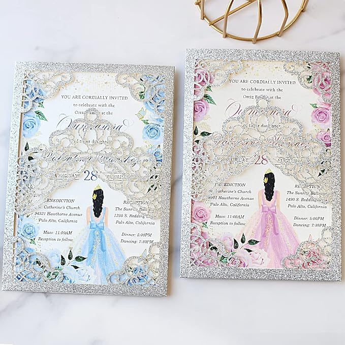 Hosmsua 50PCS Personalized Silver Glitter Quinceanera Invitations Kit 5.1x7.3 Inch Laser Cut Floral Crown Pocket Quinceanera Invitation Cards with Envelopes for Birthday Quince Invitation