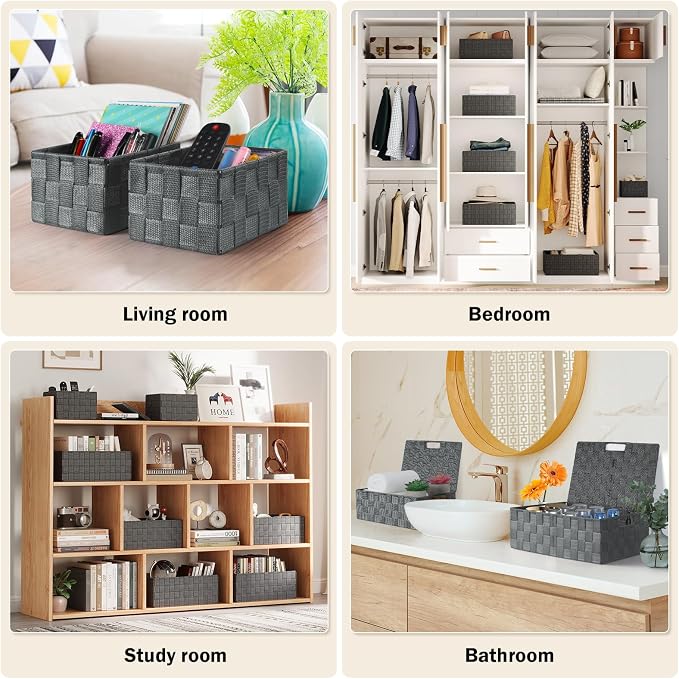 Storage Baskets with Lids: 5 Pack Stackable Woven Storage Bins, Grey | Decorative Woven Baskets for Organizing with Built-In Handles for Shelves, Closets, Cabinets and Cubbies, Gift Small Basket
