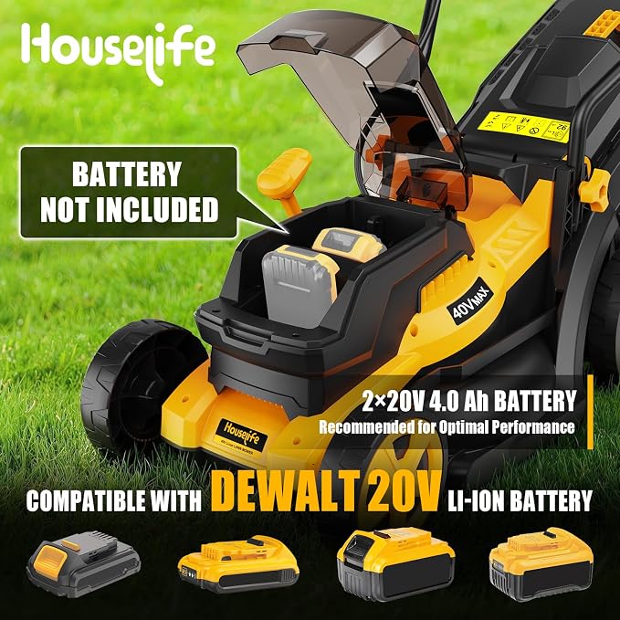 40V Cordless Lawn Mower Compatible with Dewalt 2x20V MAX Battery | 14" Electric Mower with 35L Grass Bag, 6-Position Height Adjustment, Foldable, Suitable for Gardens and Patios (Tool Only)