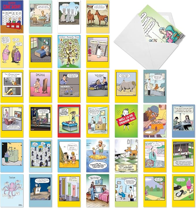 NobleWorks 36 Assorted Box Set Hysterical Everyday Mixed Occasions Greeting Cards w/ 5 x 7 Inch Envelopes for Men and Women (36 Designs, 1 Each) Fun Toons AC10047EXG-B1x36