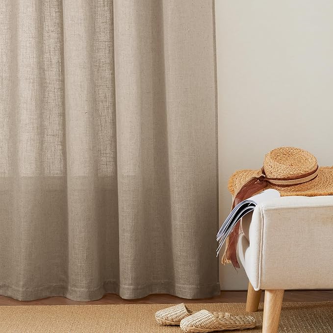 RYB HOME Khaki Linen Curtains 95 inches, Rod Pocket & Back Tab Linen Blend Boho - Image 2