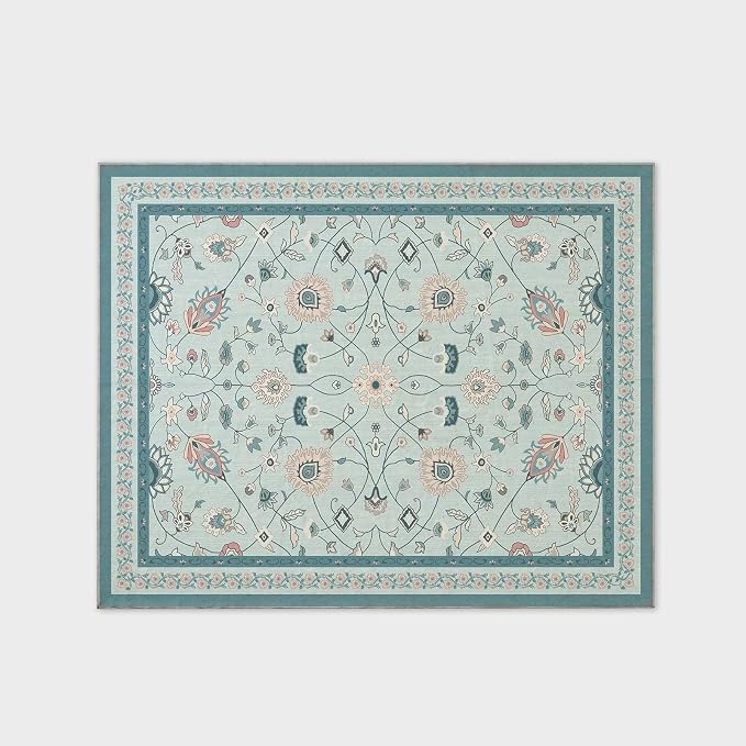 EVERGRACE Area Rugs for Living Room 8x10, Boho Floral Faux Wool Indoor Outdoor Rugs, Washable Rugs for Bedroom Dining Room Entryway Kitchen, Low Pile Floor Mat Carpet for Home Decor, Pale Blue