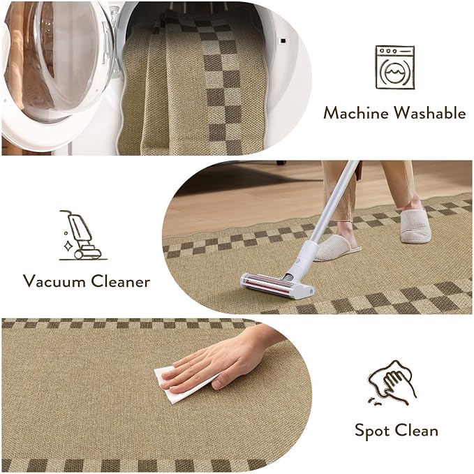 LIVEBOX Easy Jute Checkered Runner Rug for Kitchen, Scalloped Washable 2x6 Tan Rugs for Entryway, Geometric Indoor Outdoor Non Slip Rug Farmhouse Carpet Door Mat Area Rug for Porch Bedroom Hallway