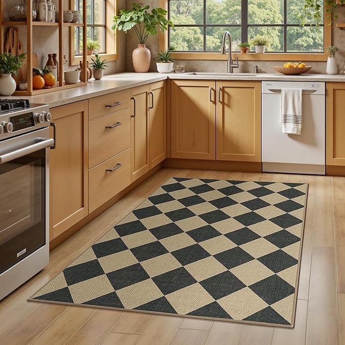 Lessymo Checkered Easy Jute 4x6 Area Rugs, Washable Rug for Living Room | Non Slip Carpet for Bedroom Backyard Dining Room Indoor Outdoor, Kid Pet Friendly, Farmhouse Geometric Diamond Black/Beige