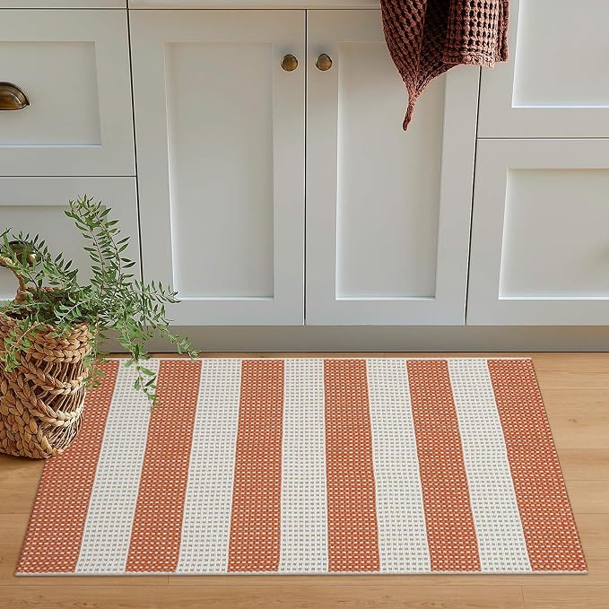 OJIA Front Door Mat 24"x36" Cotton Woven Washable Striped Porch Rug Indoor Outdoor Doormat Small Outdoor Rugs Farmhouse Entry Kitchen Throw Rug for Layered Door Mats (Orange/White/Tan)