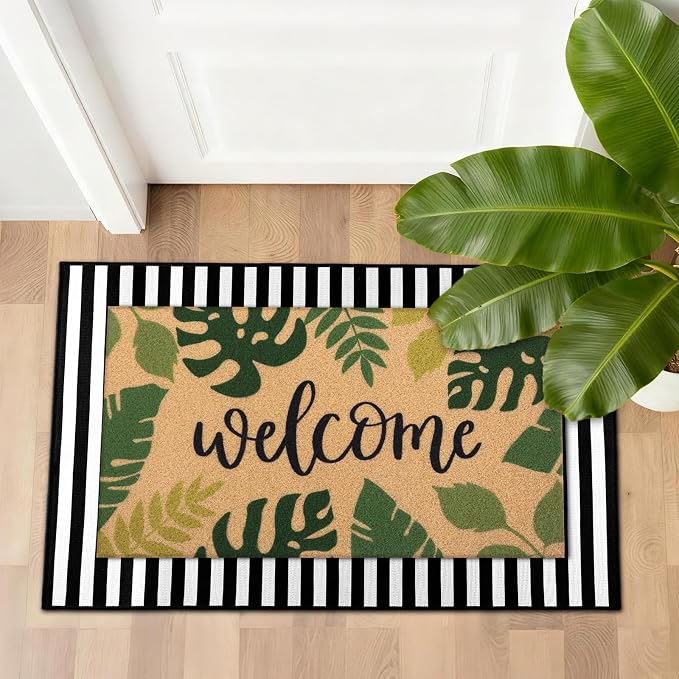 Tinideya 2 Pcs Summer Palm Leaf Door Mat Tropical Leaves Welcome Non Slip Coir Mats Rainforest Floor Layering Doormats Seasonal for Front Porch Entryway Decor(Tropical Leaves)