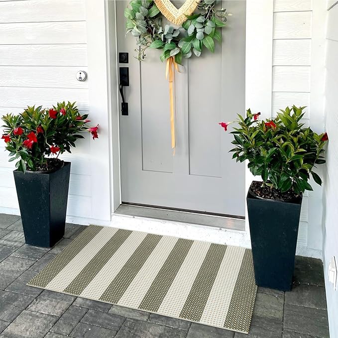 OJIA Front Door Mat 24"x36" Outdoor Doormat Striped Porch Rugs Fall Decor | Washable Rug Door Mat Outside Entrance Cotton Indoor Outdoor Rugs Small Area Rug for Kitchen Entryway Patio Green/White