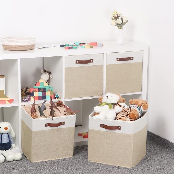 Temary Cube Storage Bins 13 Inch Fabric Storage Cubes Storage Baskets for Shelves Closet Baskets for Cube Storage with Leather Handles, Cloth Organizer Bins for Home