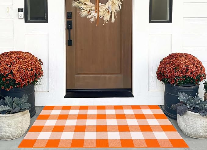 Fall Layered Doormat 27.5 x 43 inch,Orange and White Plaid Rug Cotton Woven Washable Front Door Mat Outdoor Checkered Area Rug for Porch,Entryway,Farmhouse,Halloween,Indoor,Outdoor