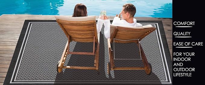 Gertmenian Indoor Outdoor Classic Flatweave Area Rug, Stain & UV Resistant Carpet, Deck, Patio, Poolside & Mudroom, 2x6 Ft Runner, Simple Border, Black Tan, 22013