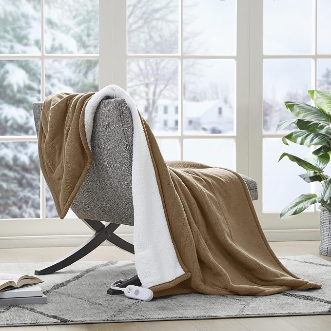 Serta Heated Electric Throw - Reversible Fleece Heating Blanket,Stone Brown | Dual-Layer Heated Throw Blanket With 5 Heat Settings & Auto Shut Off, Machine Washable, ETL Certified
