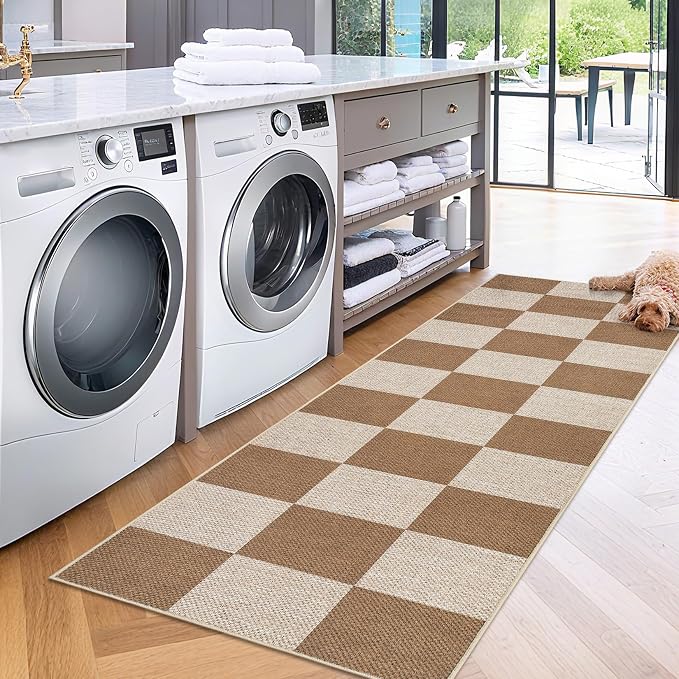 COZYLOOM 2x6 Rug Runners for Hallway Non Slip Washable, Checkered Jute Rug for Kitchen Non Shedding Stain Resistant Modern Geometric Carpet for Laundry Room, Bedroom, Coffee
