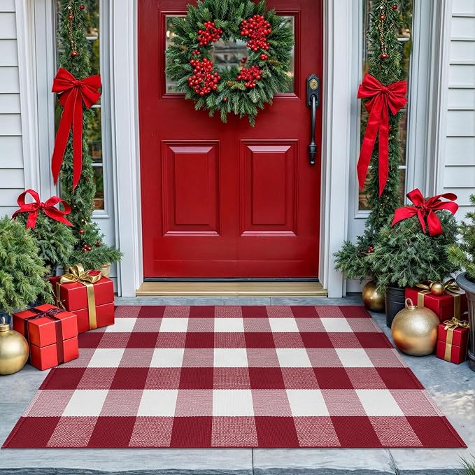 KOZYFLY Buffalo Plaid Rug 27.5x43 Inches Red and White Checkered Rug Christmas Halloween Fall Door Mat Woven Cotton Washable Area Rugs Door Mat Outdoor Entrance for Front Porch Entryway
