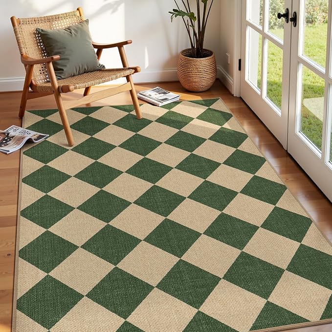 Lessymo Checkered 3x5 Outdoor Patio Rug, Washable Easy Jute for Entryway | Indoor Outdoor Living Room Carpet, Farmhouse Non Slip Door Mat for Backyard Bedroom, Kid Pet Friendly, Diamond Green/Beige