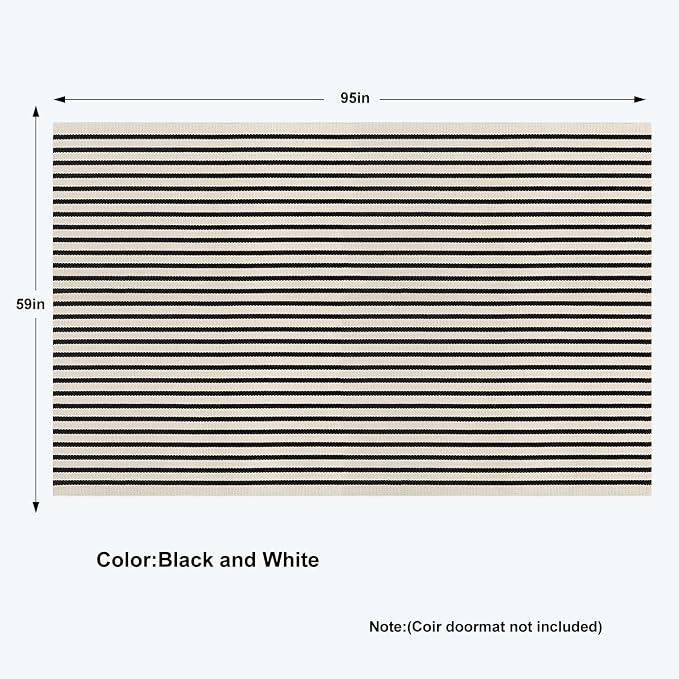 Collive Black and White Outdoor Rug, 5x8ft Striped Outdoor Rug, Reversible Washable Patio Rugs, Cotton Hand Woven Indoor Area Rug Floor Carpet for Outdoor Indoor Porch