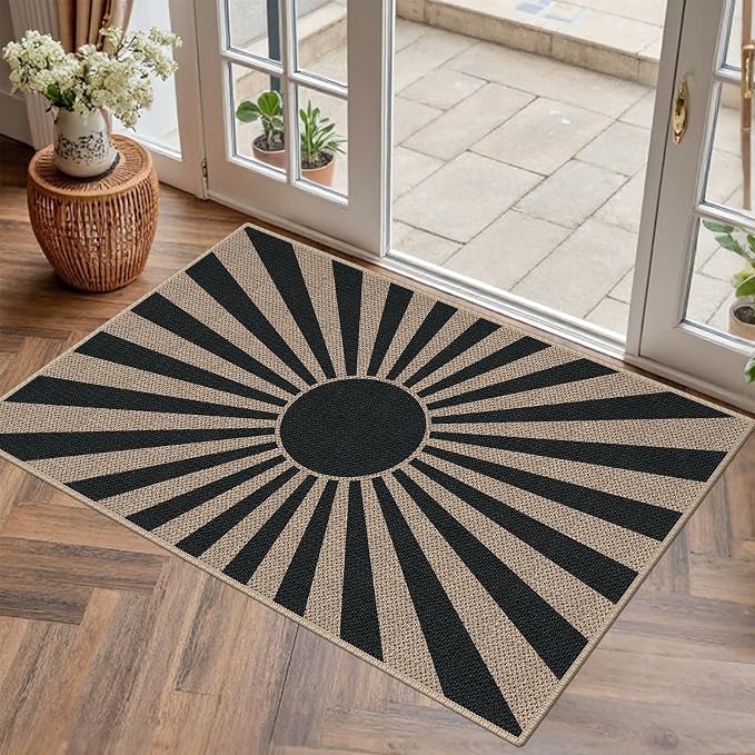 Easy Jute 2x3 Black Sun Area Rug,Washable Boho Entryway Rug, Small Modern Door Carpet,Neutral Non-Slip Outdoor Indoor Farmhouse Rug for Kitchen Patio Entry Porch