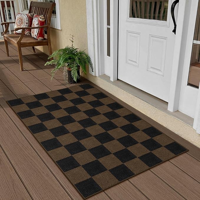 Rugalia Easy Jute Checkered Entryway Rug, 2.6x4 Coffee Modern Indoor Outdoor Doormat Non-Slip Washable Kitchen Rug, Neutral Farmhouse Checkerboard Throw Rugs for Entrance Bedroom Porch Patio
