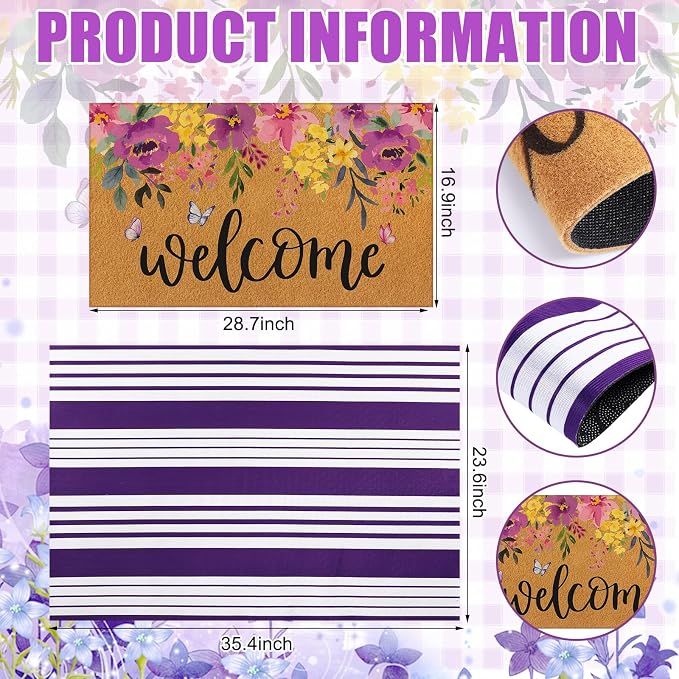 Tinideya 2 Pcs Door Mat Welcome Non Slip Coir Mats Floor Layering Doormats Seasonal for Front Porch Entryway Decor(Purple Flowers)