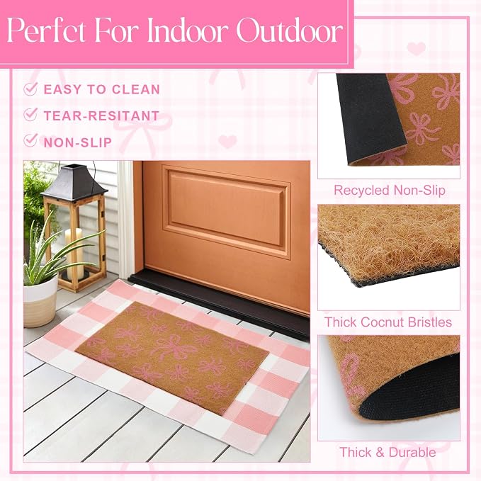 2 Pcs Outdoor Door Mat Combo Set Layered Outdoor Rug and Coir Welcome Doormat Non Slip Outside Floor Mat for Front Porch Entryway Patio Yard Decor(Pink Bow,24'' X 35'',24'' X 16'')