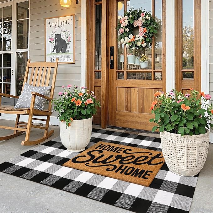 KIMODE Buffalo Plaid Outdoor Rug 3x5, Farmhouse Cotton Front Door Mat, Washable Black and White Checkered Rug Spring Outdoor Decor for Welcome Layered Door Mat Front Porch Entryway Kitchen