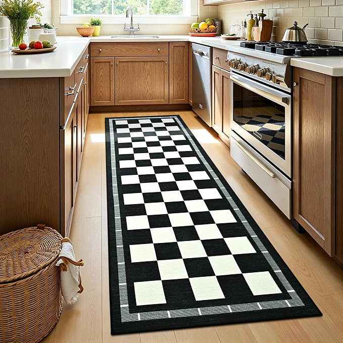 2.5x8 Jute Checkered Runner Rugs, Outdoor Runner Rug, Washable Hallway Rug | Patio Porch Balcony Runners Indoor Bedroom Kitchen Laundry Mat, Non Slip Plaid Farmhouse Carpet, Black and White