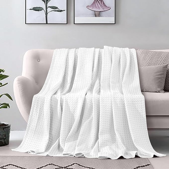 Elegant Comfort Premium 100% Cotton Waffle Blanket - Lightweight Breathable Waffle Weave Bed Blanket - Soft and Warm All Season Blanket for Couch, Sofa and Bed, Twin Size 68x88 Inches, White