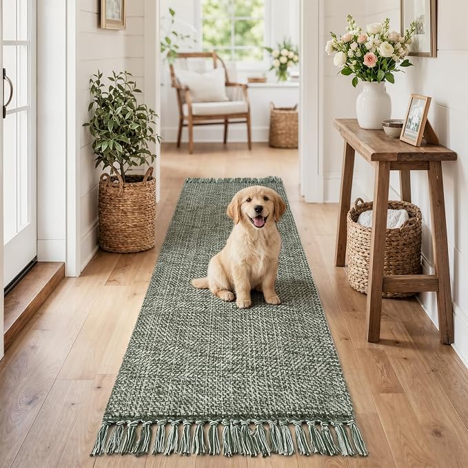 Collive 2' x 6' Kitchen Runner Rug, Modern Farmhouse Washable Bathroom Mat, Boho Sage Green Hallway Runner Rugs Hand-Woven Reversible Bedroom Carpet for Laundry Entryway Home Decor