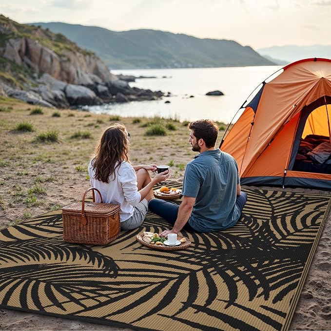GENIMO Outdoor Rug, Waterproof Plastic Rugs for Patio, 6'x9' Ebony Brown | Outside Larger Leaf Carpet Mat for Porch Decor, Deck, Balcony, Camping, RV, Backyard, Picnic, Beach, Reversible, Foldable