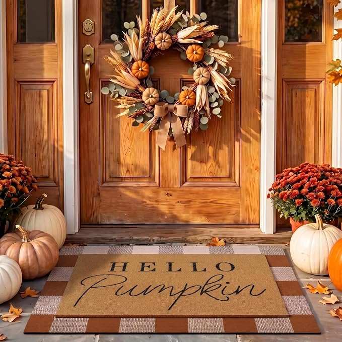 Tinideya 2 Pcs Door Mat Welcome Non Slip Coir Mats Floor Layering Doormats Seasonal for Front Porch Entryway Decor(Brown White Plaid)