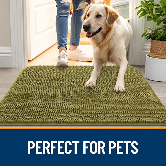 OLANLY Dog Door Mat for Muddy Paws 70x24, Absorbs Moisture and Dirt, Absorbent Non-Slip Washable Doormat, Quick Dry Chenille Mud Mat, Entry Indoor Entryway Carpet for Inside Floor, Willow Green