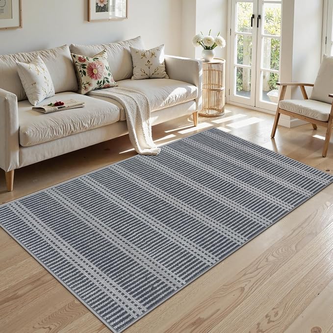 LIVEBOX Easy Jute Indoor Outdoor Rug 3x5 Front Porch, Washable Outdoor Rugs for Entryway, Gray Striped Geometric Rug for Living Room, Non Slip Carpet Door Mat for Front Door, Patio, Kitchen, Bedroom