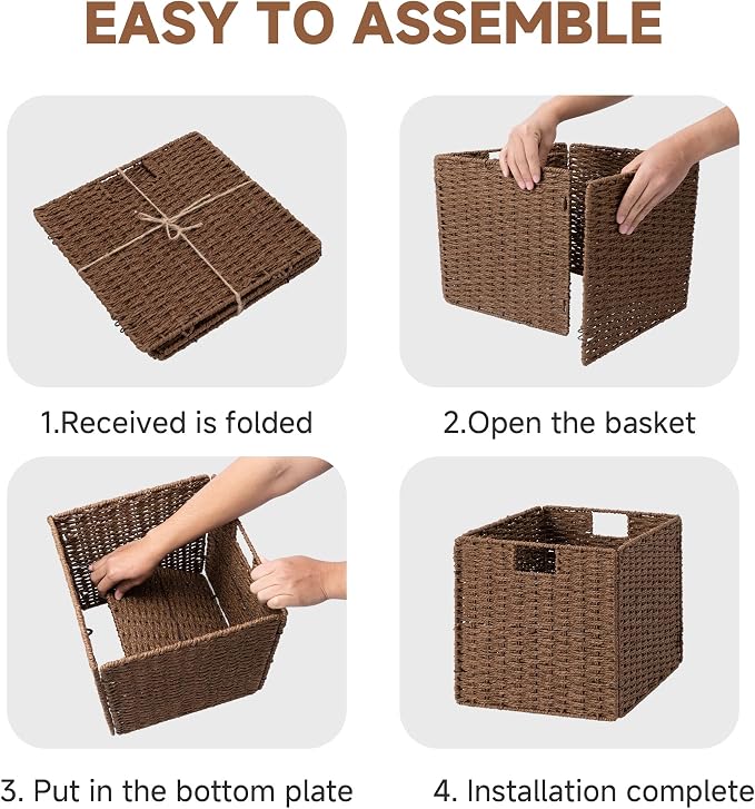 StorageWorks 13 inch Cube Storage Bins,Wicker Baskets for Storage,Brown | 2-Pack,Foldable Square Baskets,Wicker Storage Baskets for Organizing,Paper Rope Square Storage Cubes,Cube Storage Bins