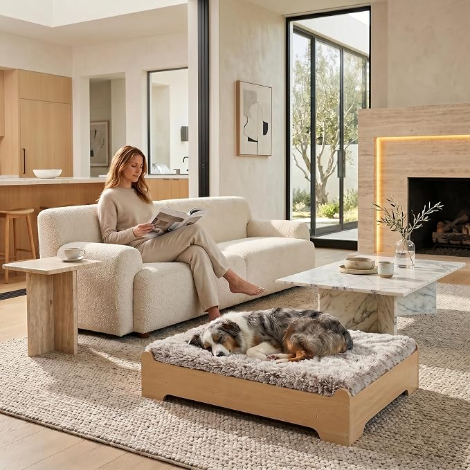 Elevated Wooden Dog Bed with Foam Mattress, Natural Wood, Medium | Raised Dog Bed with Washable Cover and Supportive Foam Mattress, Crafted for Medium Dogs and Modern Homes