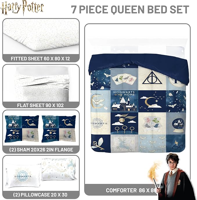 Harry Potter Queen Comforter Set 7 Piece Soft Hogwarts Bedding, Multi | Fantasy, Bed in a Bag, Comforter Sheets Shams Pillowcases, Official Product, Soft Microfiber, Machine Washable, Kids Gift