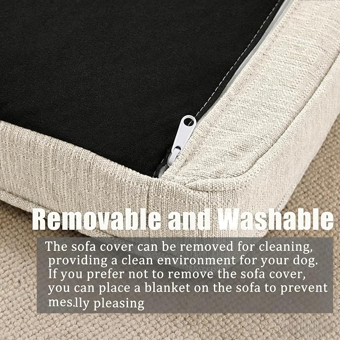 Large Dog Couch, for Large & Extra Large Dogs | Removable & Washable | No Assembly Required | Breathable Linen Fabric | Soft Foam |Floor-friendly sofa legs | Beige