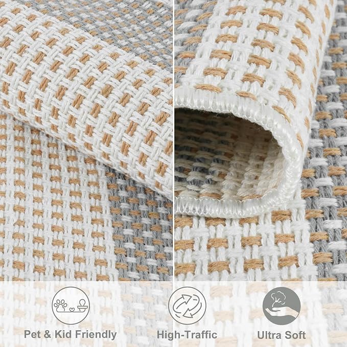LEEVAN 3x5 Outdoor Rug for Porch, Washable Striped Welcome Front Porch Mat | Outside Entryway Patio Rug, Woven Doormat Grey and White Buffalo Backyard Layered Mat for Entrance/Balcony/Apartment