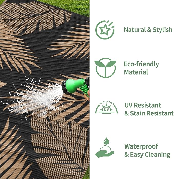 GENIMO Outdoor Rug, Waterproof Plastic Runner Rugs, 2.5'x8' Black Brown | Outside Leaf Carpet Mat for Patio Decor, Porch, Deck, Balcony, Camping, RV, Picnic, Beach, Reversible, Foldable, Lightweight
