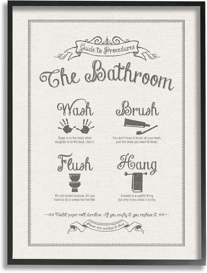 Stupell Industries Guide To Bathroom Procedures Linen Look Framed Giclee Texturized Art, Proudly Made in USA