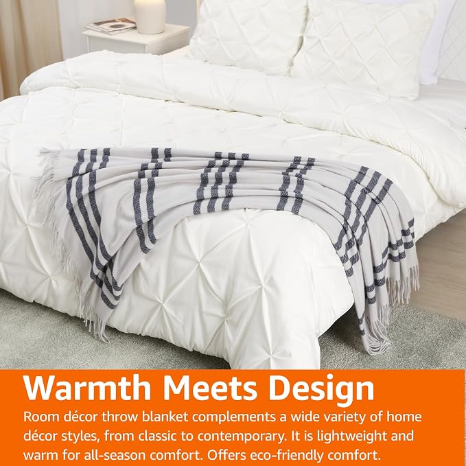 Amazon Basics Room Décor Throw Blanket, Lightweight and Cozy, Recycled Polyester, 50" x 60", Light Grey With Blue Stripes