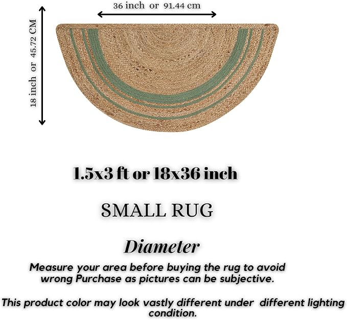 Boho Braided 1.5x3 Area Rug - Jute Natural Fiber Half Round Rug for Living Room Entryway, Farmhouse, Home, Indoor Rugs Jute Door mat for Bathroom, Kitchen (Green Natural, 1.5 X 3 ft)