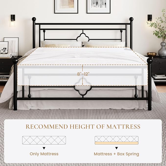 SHA CERLIN 14 Inches King Size Metal Platform Bed Frame/Vintage Iron-Art Headboard and Footboard/Mattress Foundation for Storage/No Box Spring Needed/Noise-Free/Easy Assembly/Black