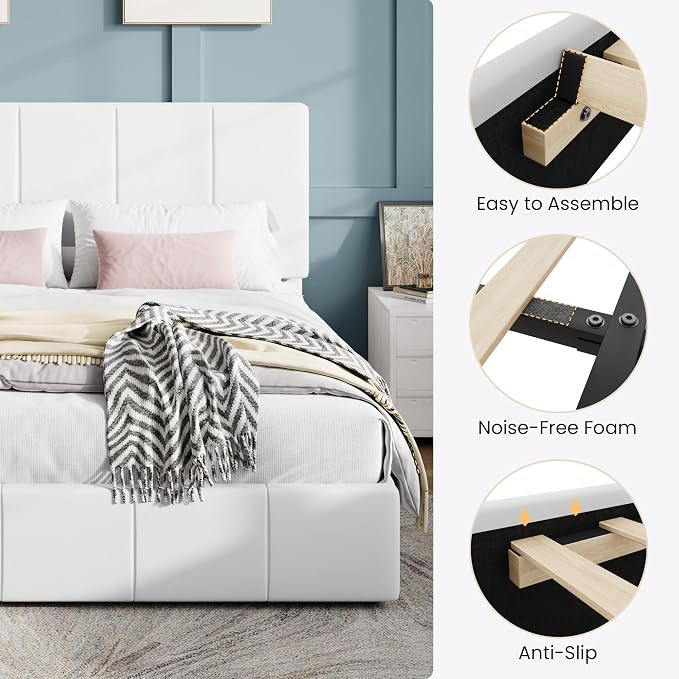 SHA CERLIN Full Size Bed Frame, Velvet Upholstered Platform Bed, Vertical Channel Tufted Adjustable Headboard, Low Profile Bed Frame, No Box Spring Needed, Easy Assembly, White
