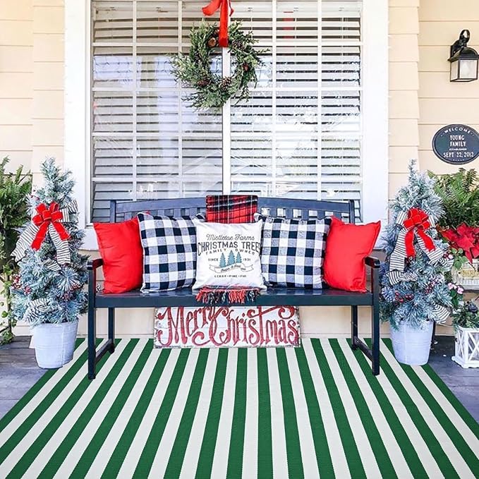 Green & White Striped Rug, 4' x 6' Indoor/Outdoor Area Rug for Front Porch, Entryway, Machine Washable Cotton Woven Welcome Door Mat
