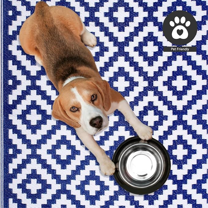 FH Home Outdoor Camping Rug - Waterproof, Fade Resistant, Reversible - Premium Recycled Plastic - Geometric - Large Patio, Deck, Sunroom, RV - Aztec - Blue & White - 9 x 12 ft Foldable