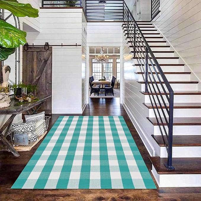 Spring Rugs Green and White Plaid, 4'x6' Area Rug Outdoor Indoor Summer Front Porch Door Mats Cotton Hand-Woven Layered Doormat for Entryway Patio Entryway Laundry Bedroom Living Room